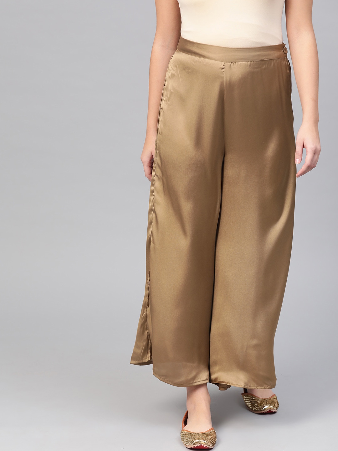 WISHFUL by W Women Golden  Solid WISHFUL by Wide Leg Palazzos Price in India