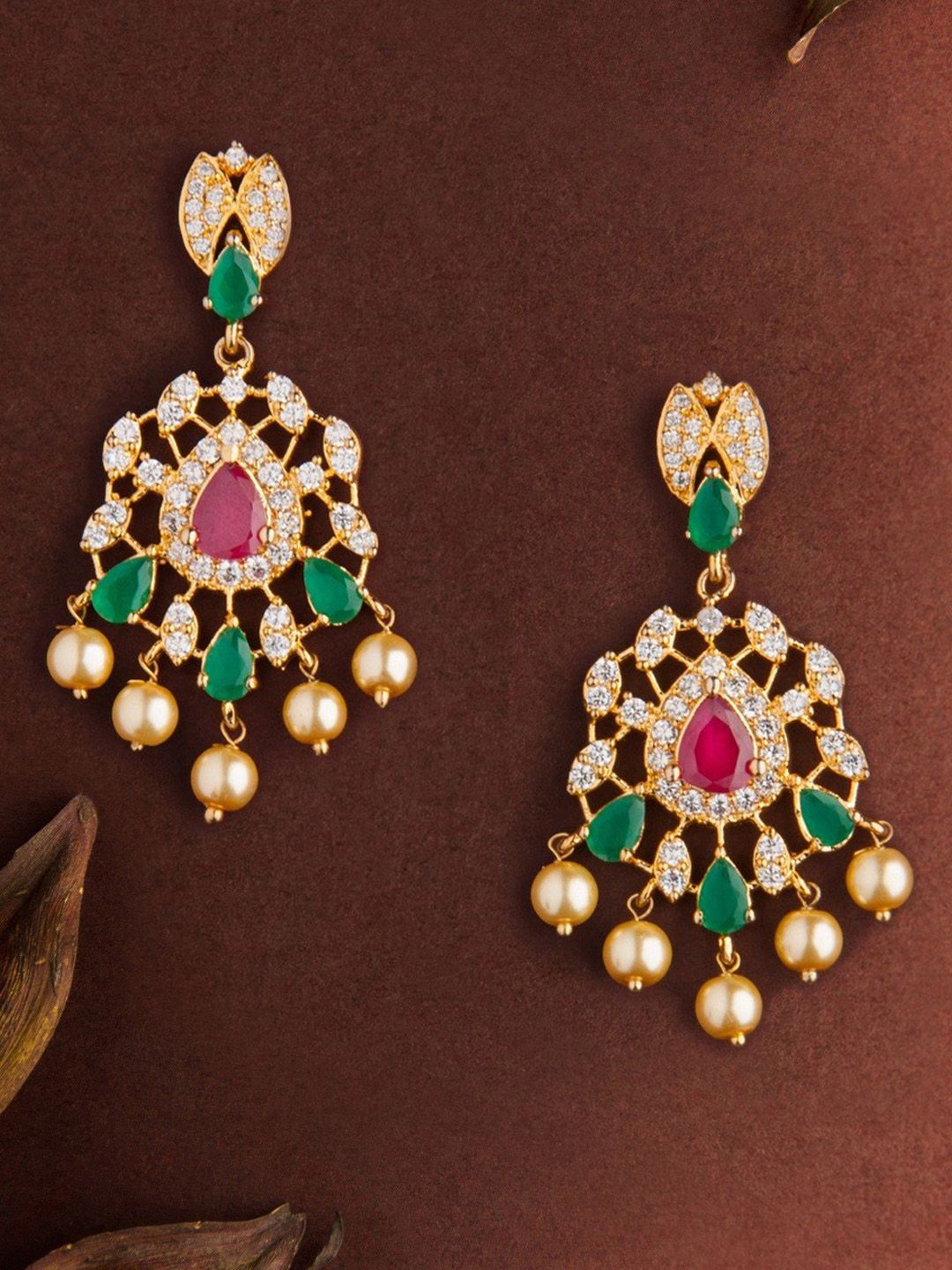 Rubans Women Gold-Toned & Green Gold-Plated Floral Drop Earrings Price in India