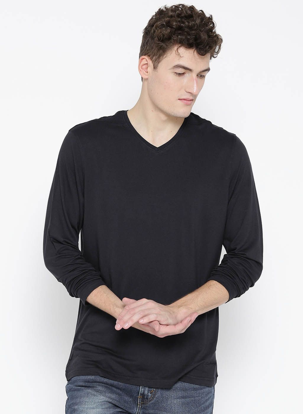 Blackberrys Black Solid Regular Fit V-Neck T-Shirt