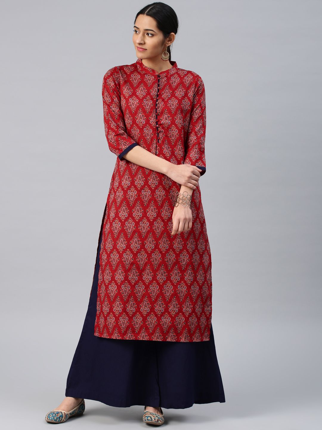 Vishudh Women Maroon & Navy Blue Printed Kurta with Palazzos Price in India