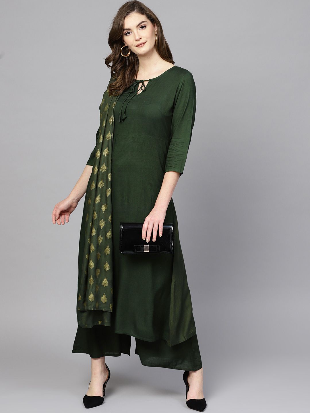 Yufta Women Green Solid Kurta with Palazzos & Dupatta Price in India