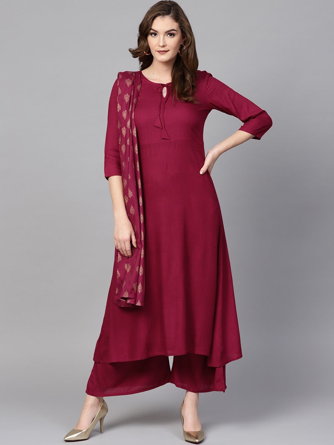 Yufta Women Burgundy Solid Kurta with Palazzos & Dupatta Price in India