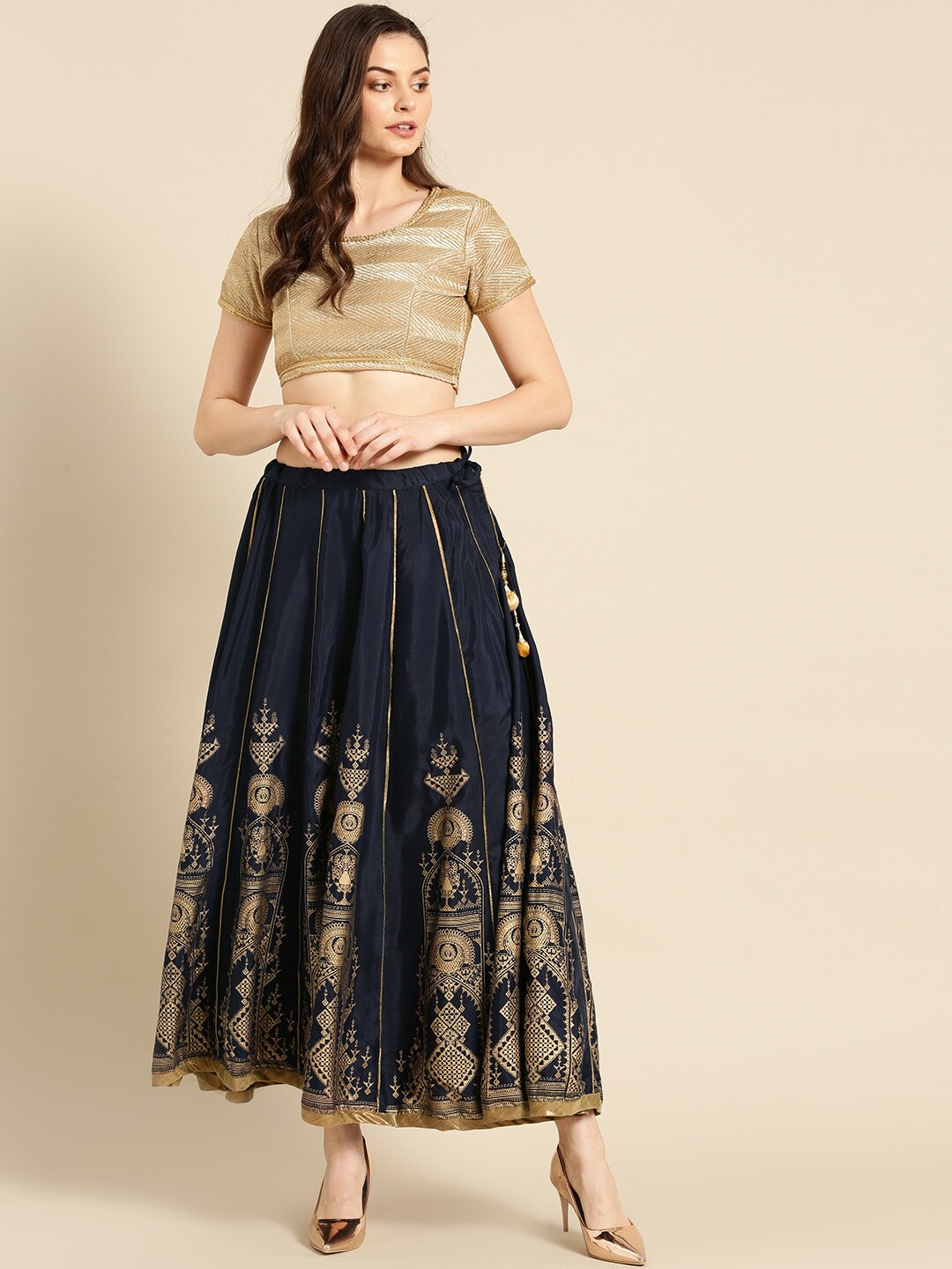 IMARA Navy Blue & Golden Ready to Wear Lehenga with Blouse Price in India