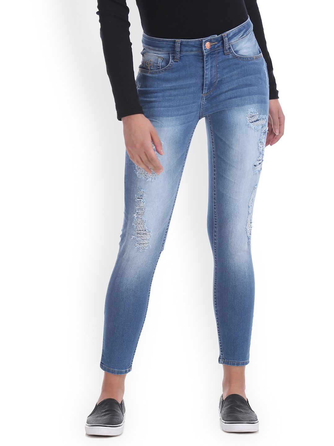 Flying Machine Women Blue Super Skinny Fit Mid-Rise Mildly Distressed Stretchable Jeans Price in India