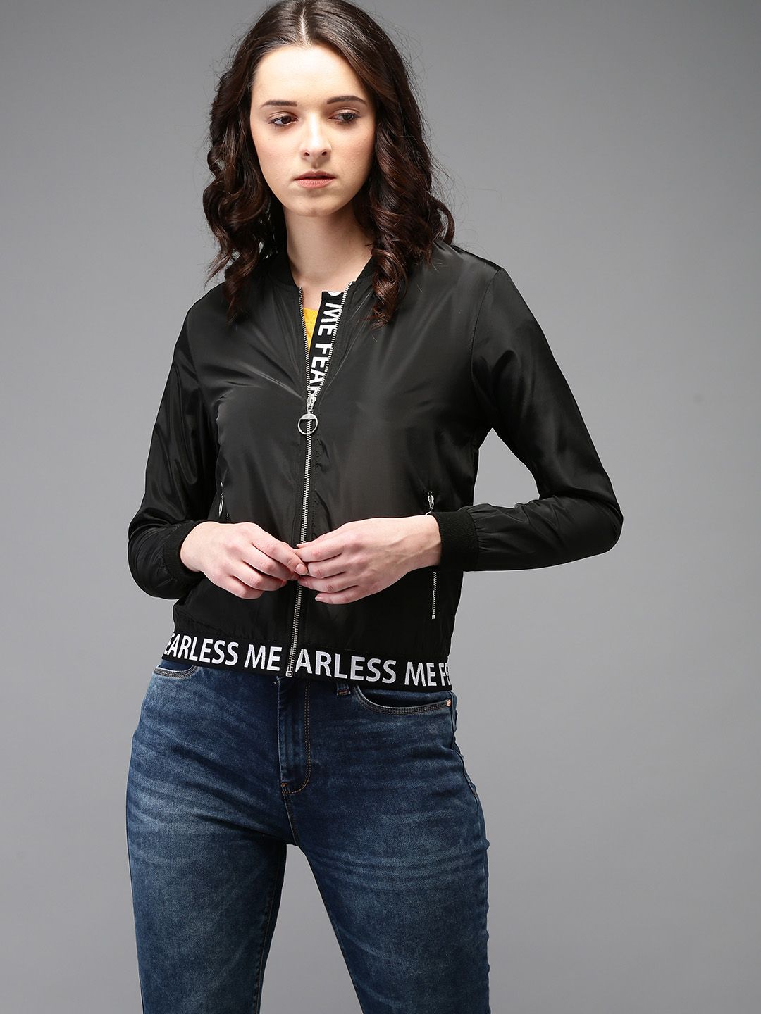 Flying Machine Women Black Solid Bomber Price in India