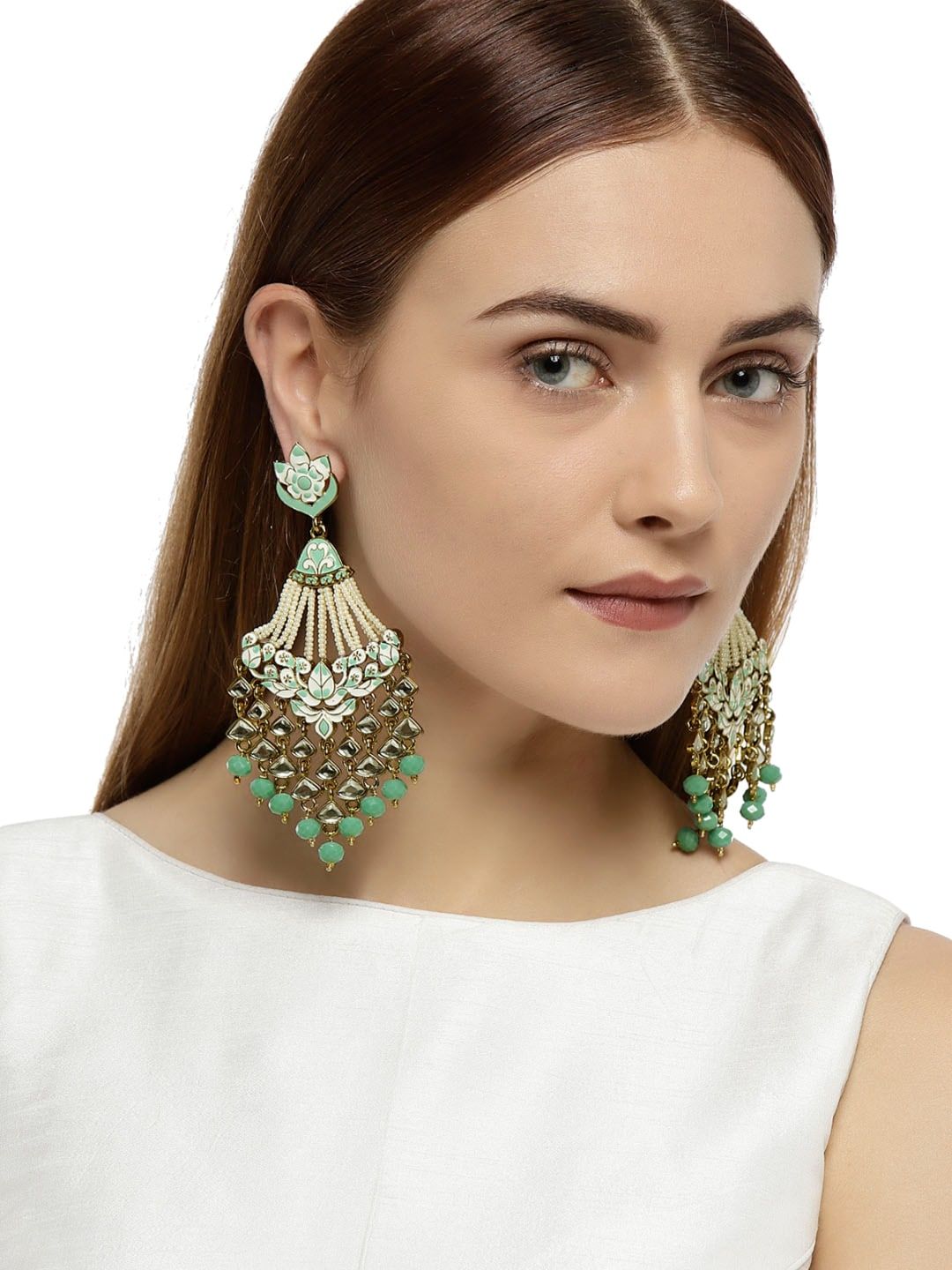 Zaveri Pearls Women Gold-Toned & Sea Green Contemporary Drop Earrings Price in India