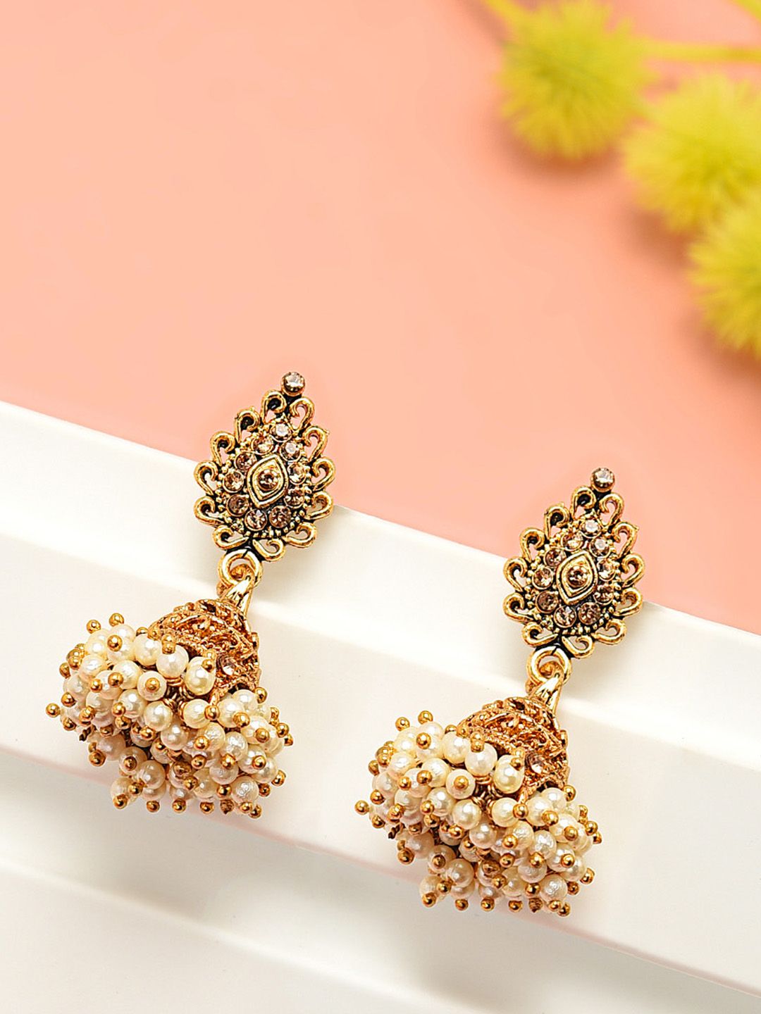 Zaveri Pearls Gold-Toned & White Dome Shaped Jhumkas Price in India