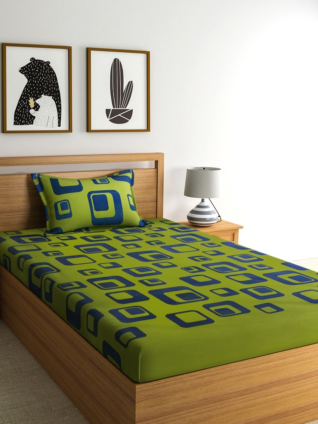 Home Ecstasy Green & Navy Blue Geometric Flat 140 TC Cotton 1 Bedsheet with 1 Pillow Cover Price in India