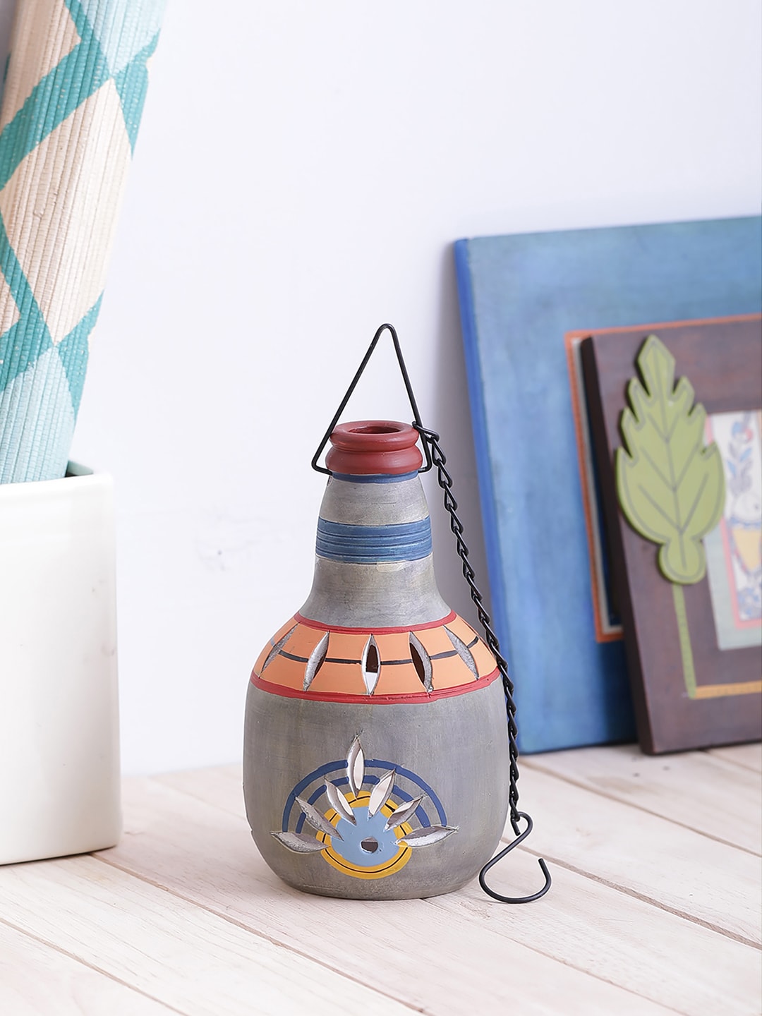 VarEesha Grey Hand Painted Terracotta Bottle Tea Lite Diya Outdoor Lantern Price in India