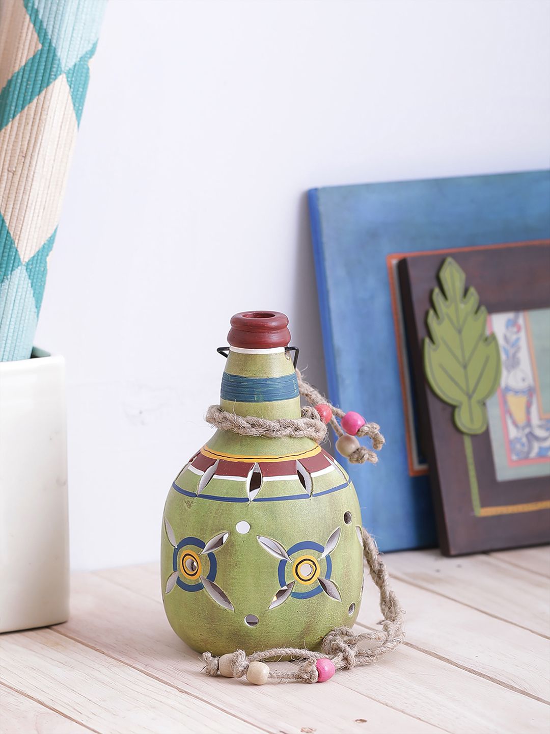 VarEesha Green Hand Painted Terracotta Bottle Tea Lite Diya Lantern with Handle Price in India