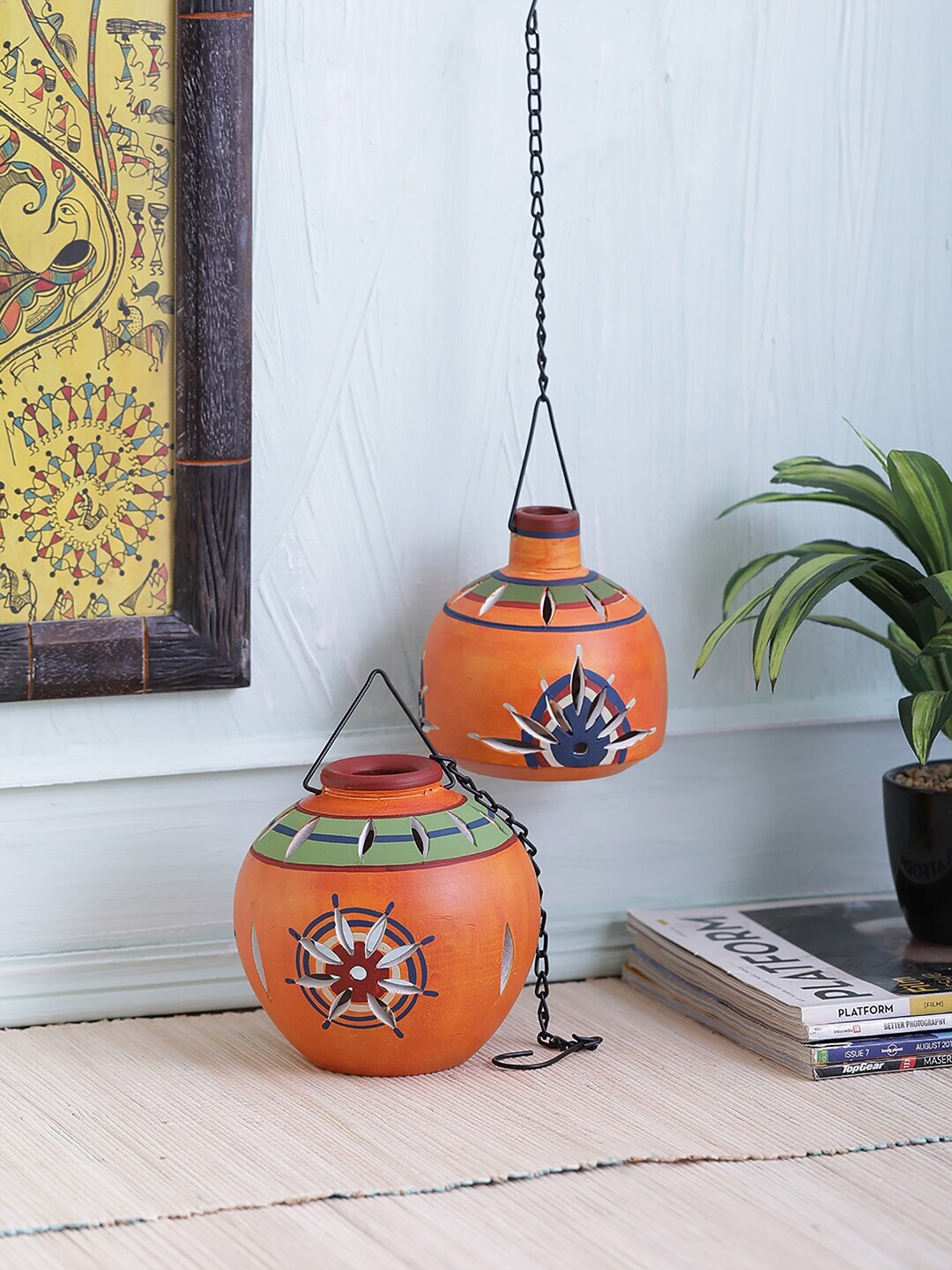 VarEesha Orange Set of 2 Terracotta Tea Lite Diya Hanging Lanterns with Handle Price in India