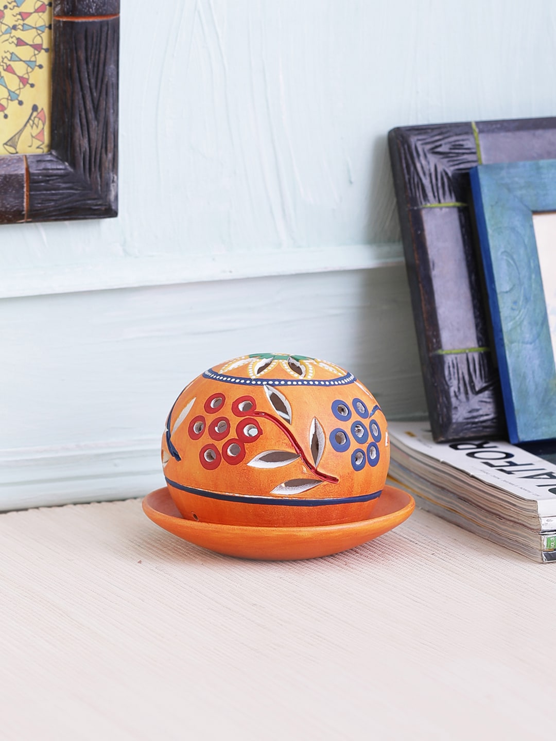 VarEesha Orange Hand Painted Terracotta Round Tea Light Diya Lantern Price in India