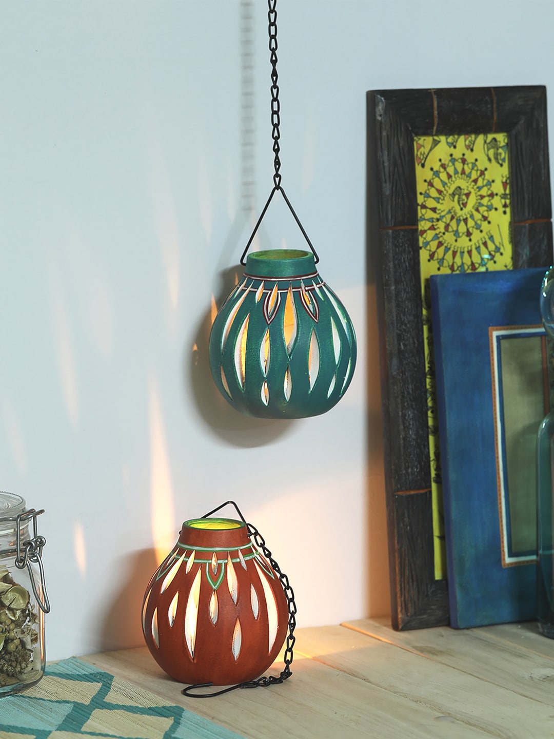 VarEesha Red & Sea Green Terracotta Cutwork Tea Light Diya Hanging Lantern Set Price in India