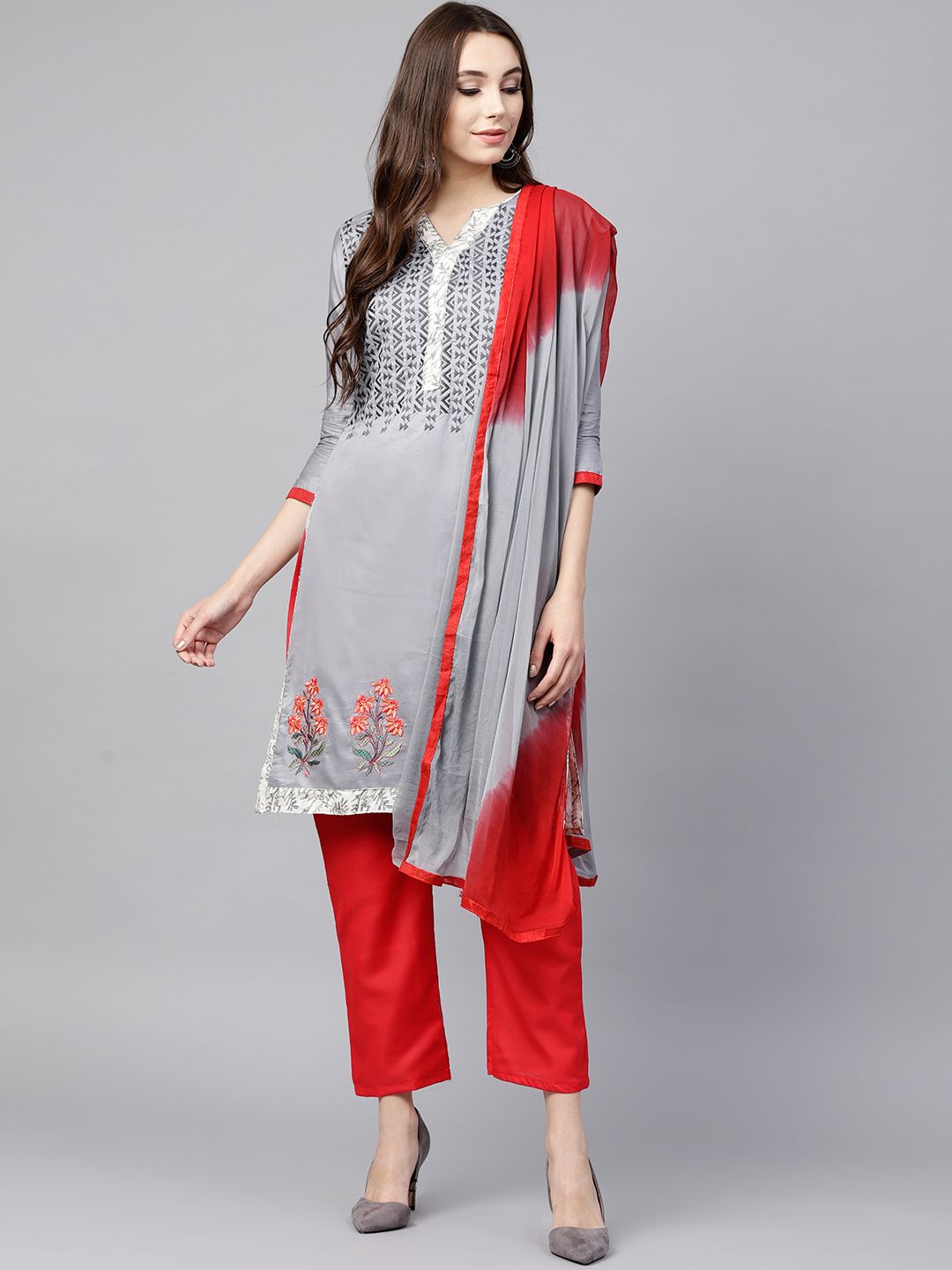 Saree mall Grey & Red Unstitched Dress Material Price in India