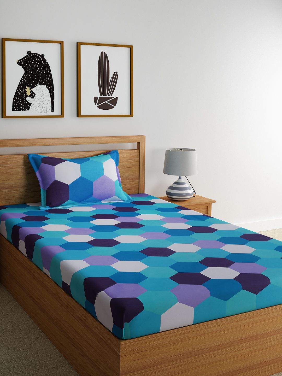 Dreamscape Blue  Navy Blue Geometric Flat 144 TC Cotton 1 Single Bedsheet with 1 Pillow Covers Price in India