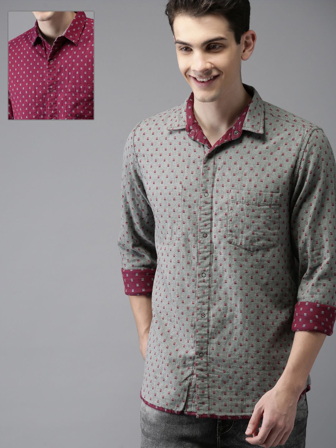 HERE&NOW Men Maroon & Grey Regular Fit Printed Reversible Casual Shirt