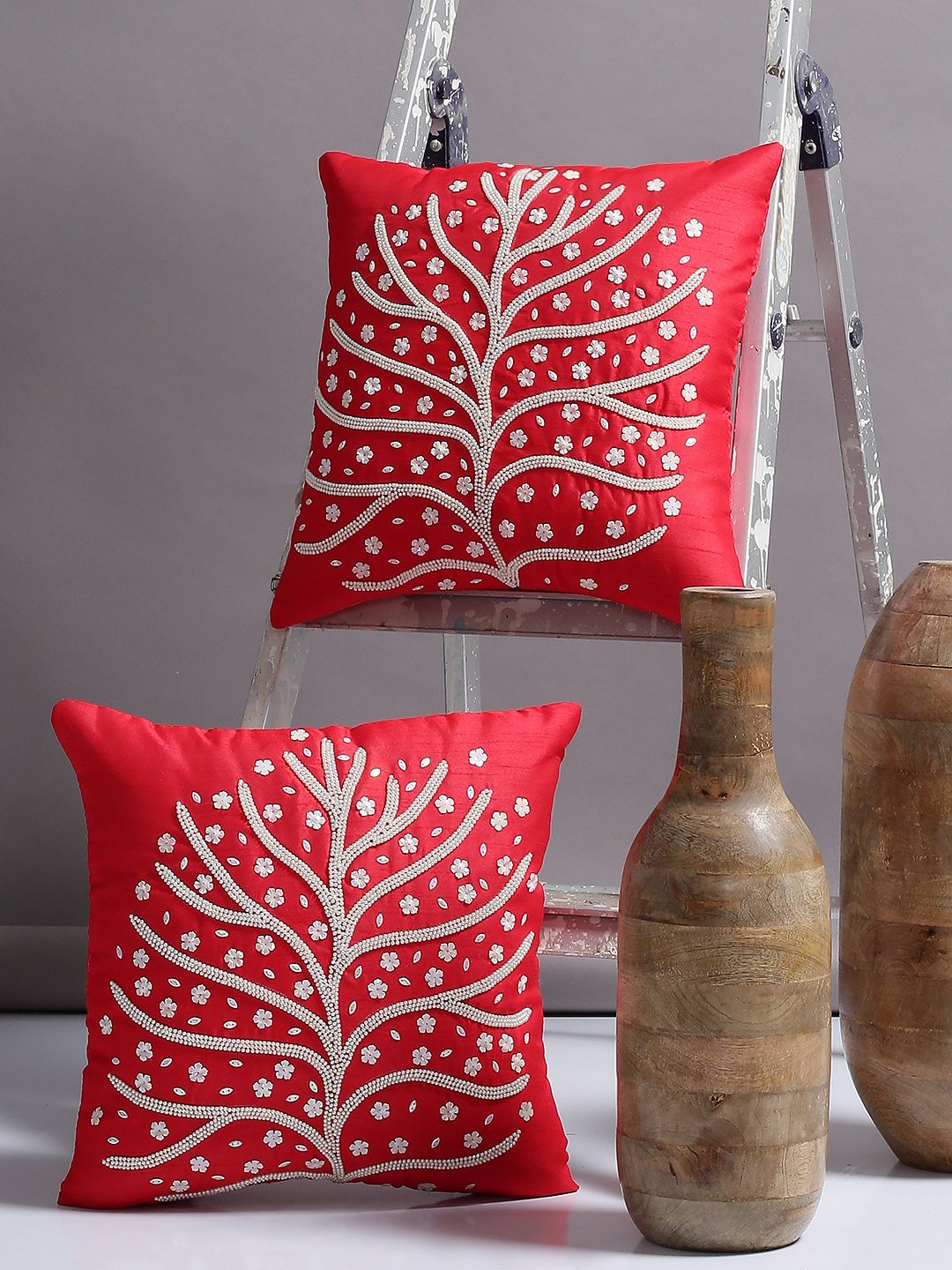 Alina decor Red Set of 2 Floral Square Cushion Covers Price in India