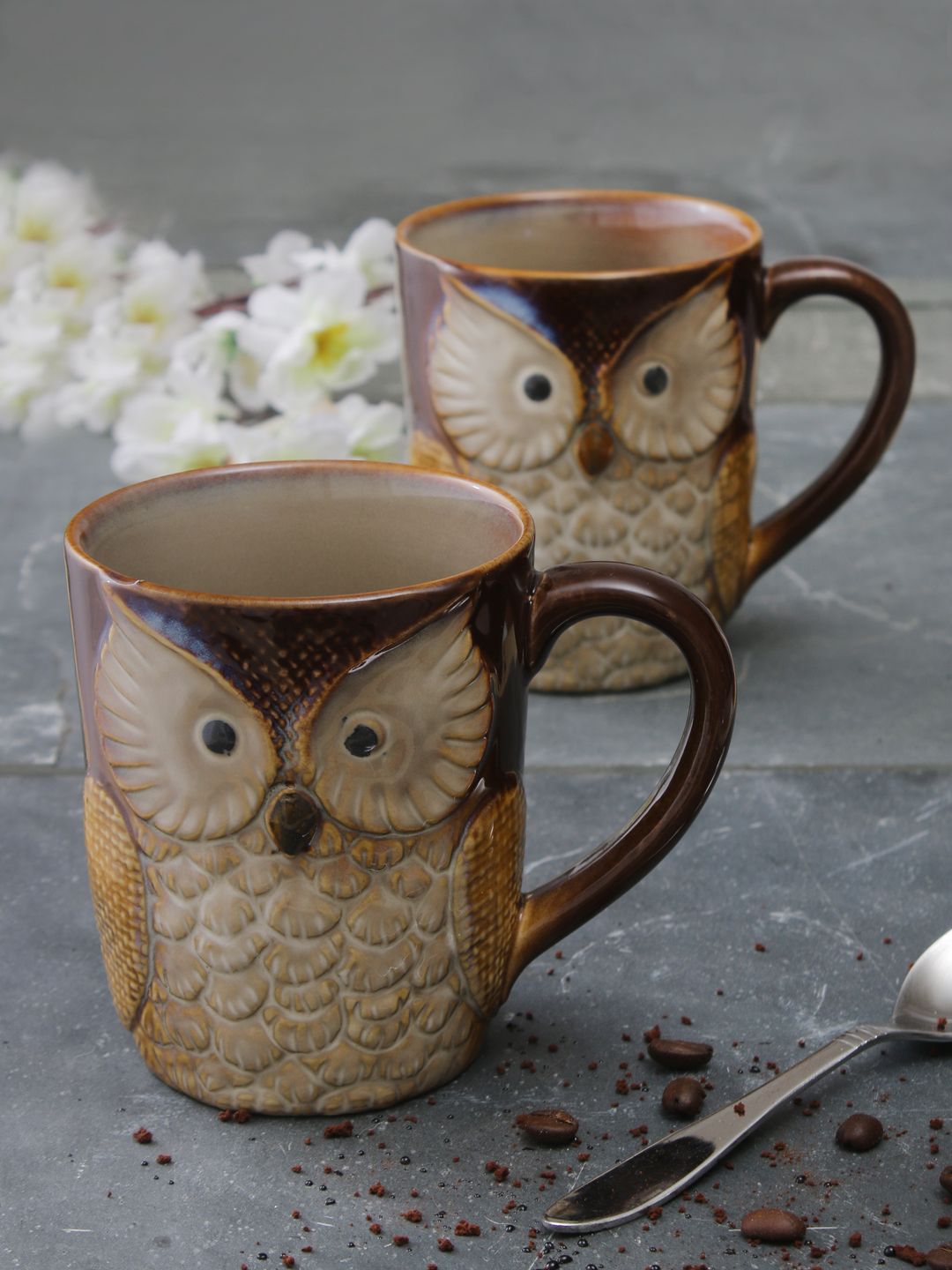 OddCroft Coffee Brown & Beige 2-Pieces Textured Ceramic Cups Set Price in India