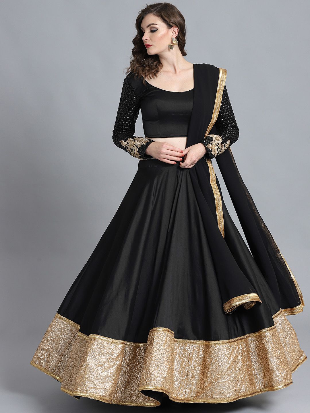 Bollywood Vogue Black Sequinned Made to Measure Umbrella Lehenga & Blouse with Dupatta