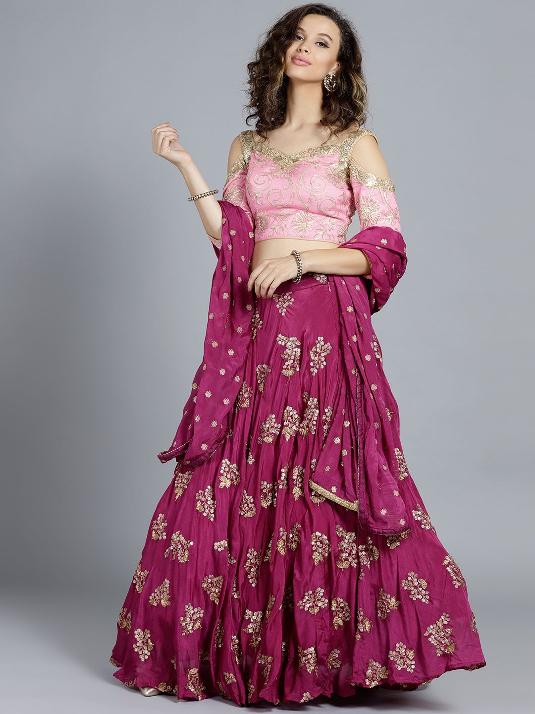 EthnoVogue Pink & Purple Gotta Patti Made to Measure Lehenga & Blouse with Dupatta Price in India