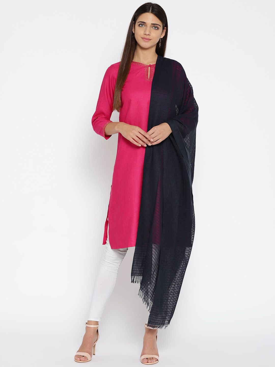 AURELIA Navy Blue Self-Checked Pure Cotton Dupatta Price in India