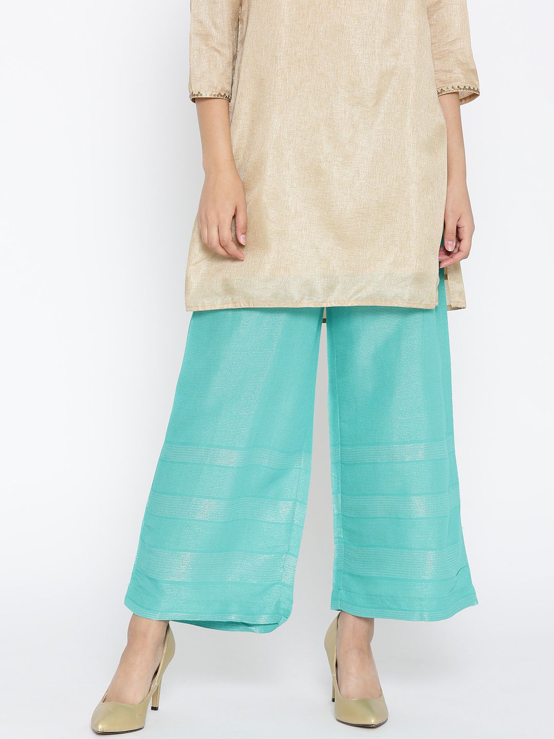 AURELIA Women Blue & Silver Straight Striped Wide Leg Palazzos Price in India
