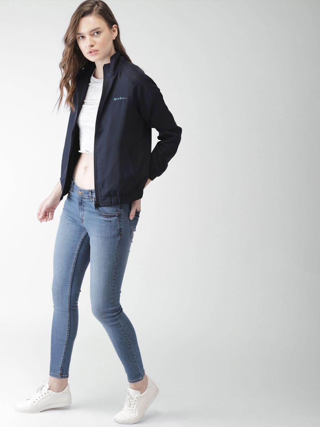 Mast & Harbour Women Navy Blue Solid Lightweight Bomber Price in India
