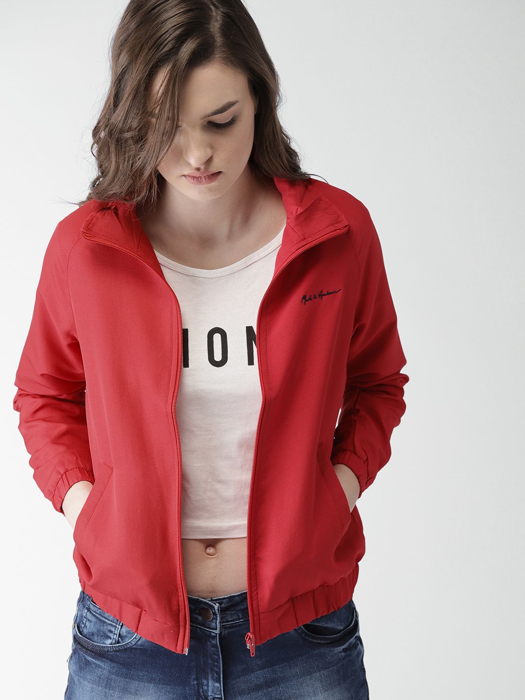 Mast & Harbour Women Red Solid Lightweight Bomber Price in India