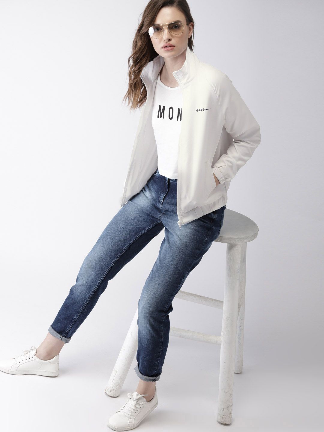 Mast & Harbour Women White Solid Lightweight Bomber Price in India