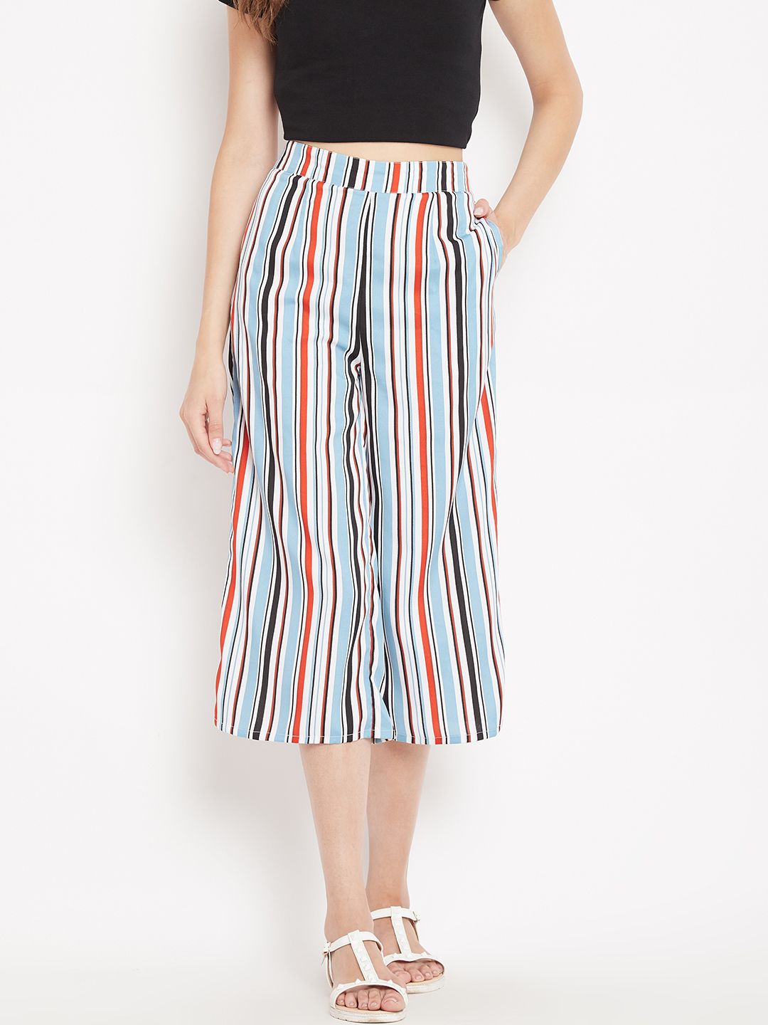 PANIT Women White & Blue Loose Fit Striped Culottes Price in India