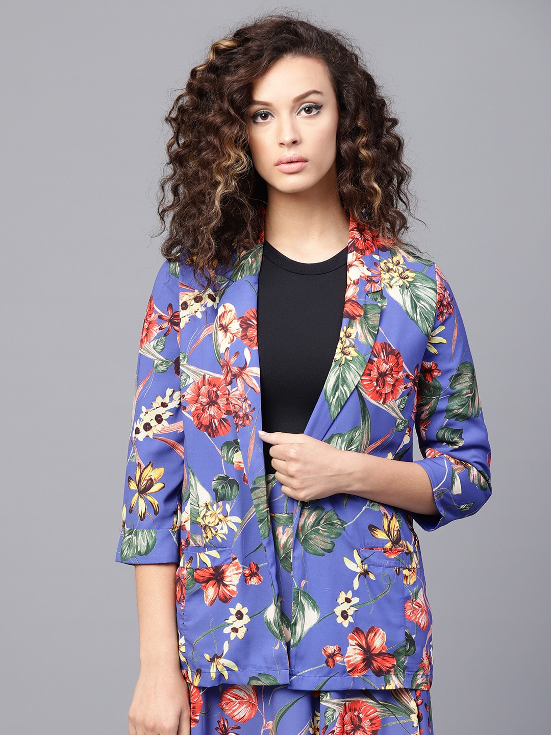 SASSAFRAS Blue & Yellow Floral Print Open-Front Jacket Price in India