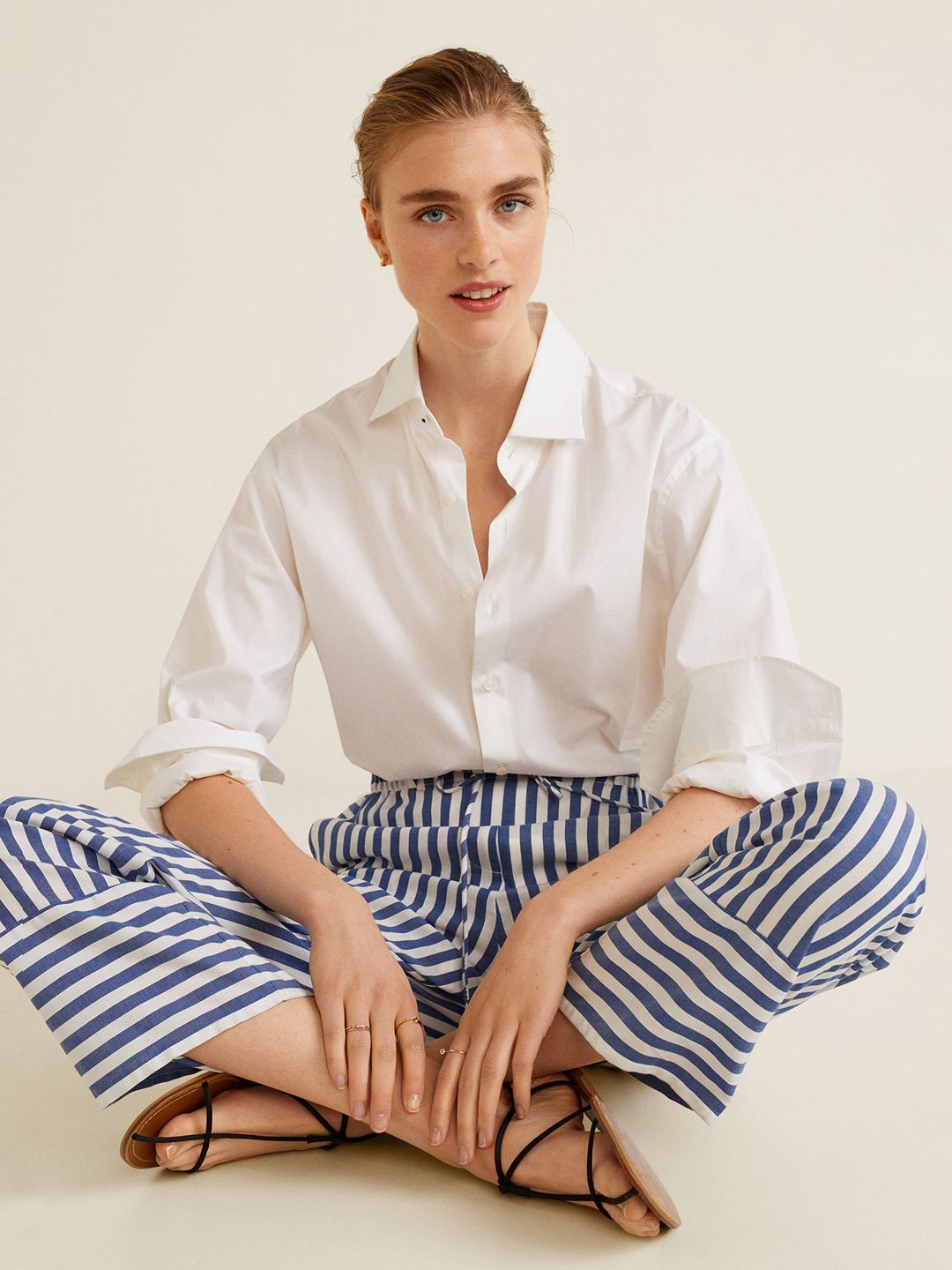 Buy MANGO Women White & Blue Regular Fit Striped Trousers