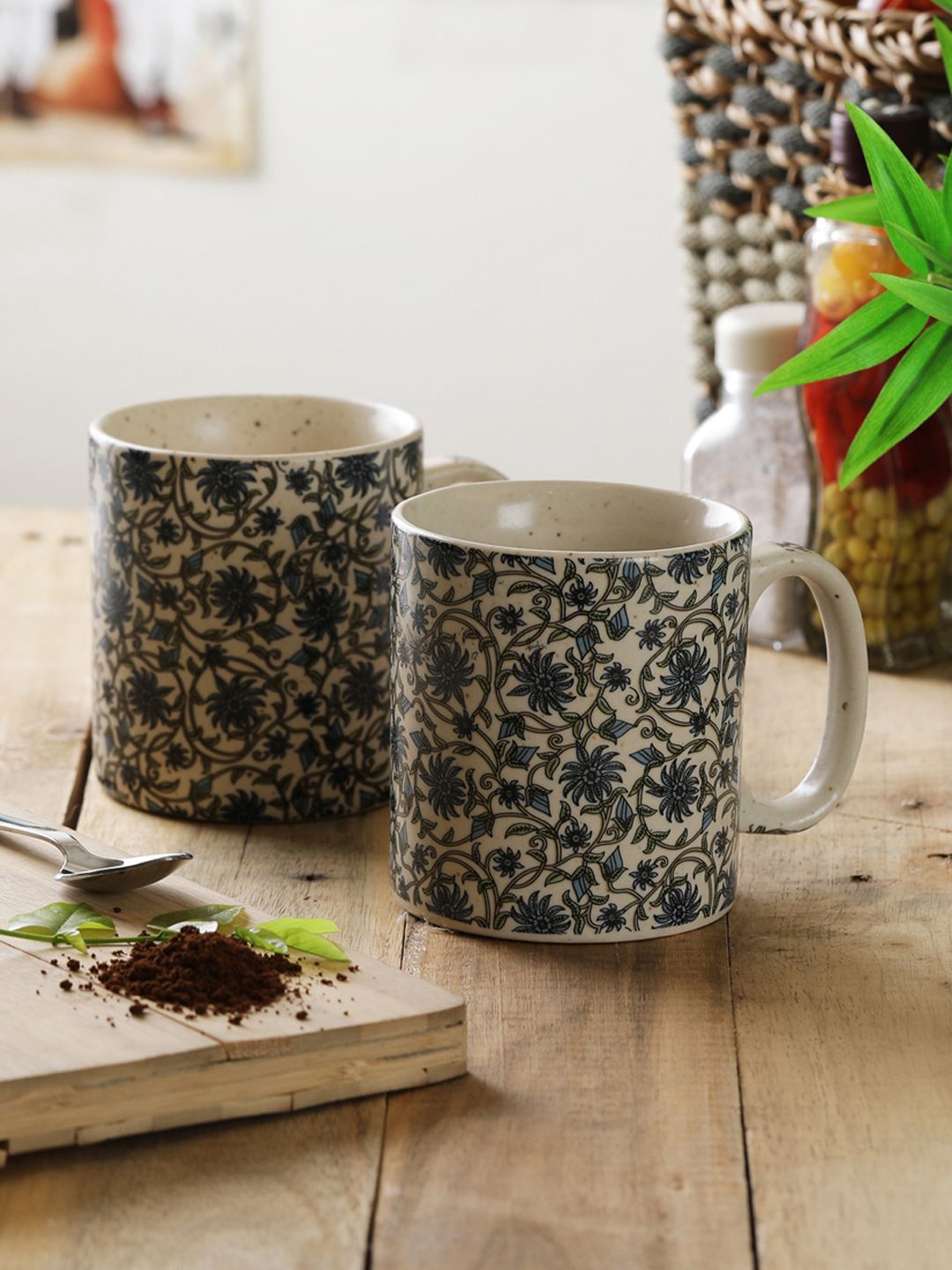 MIAH Decor Off-White & Blue Set Of 2 Printed Ceramic Cups Price in India