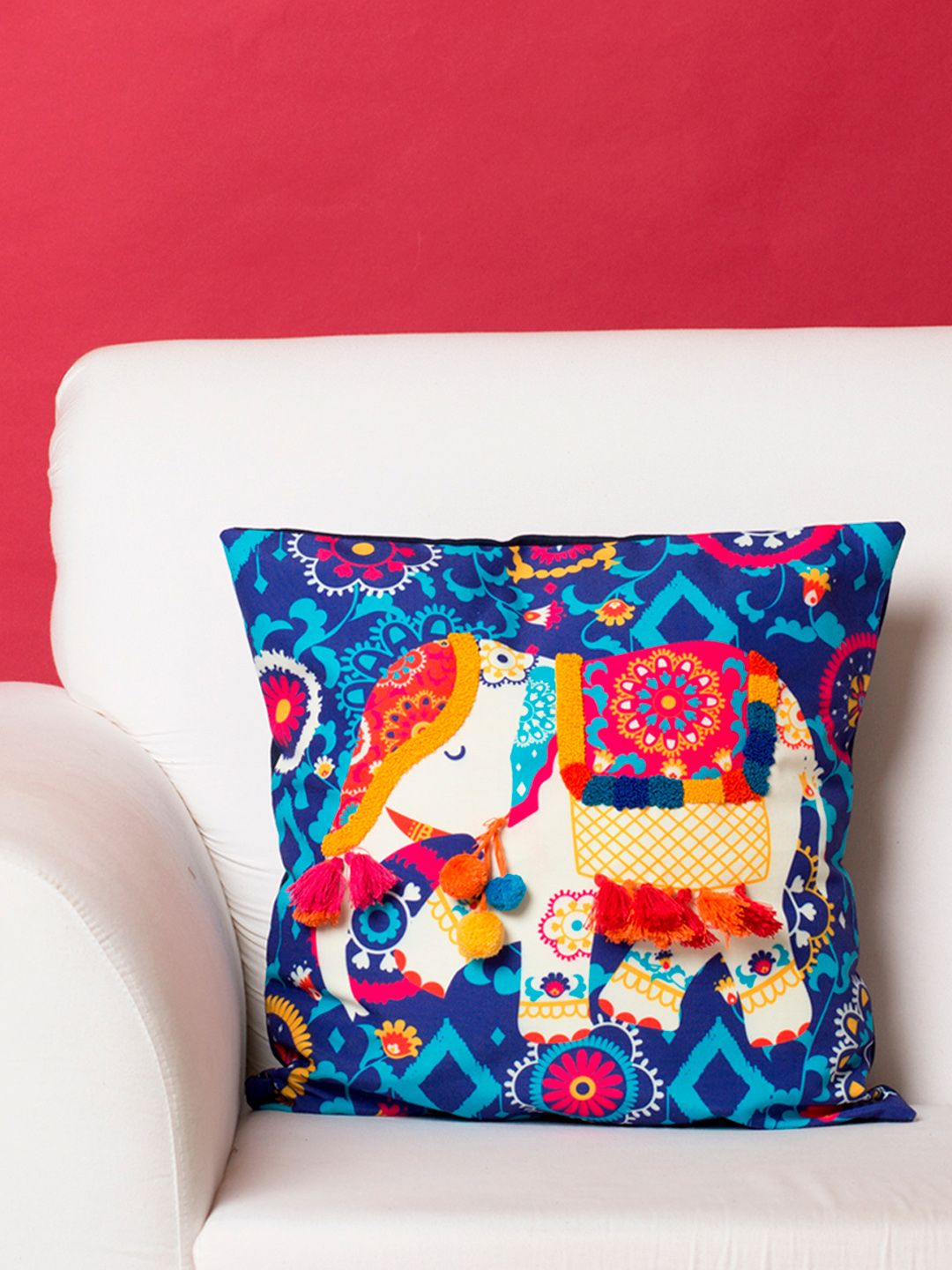 Chumbak Blue Single Ethnic Motifs Square Cushion Cover with Tassels Price in India