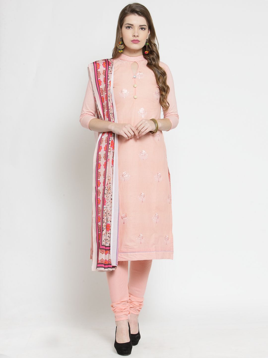 mf Pink & Red Pure Cotton Unstitched Dress Material Price in India