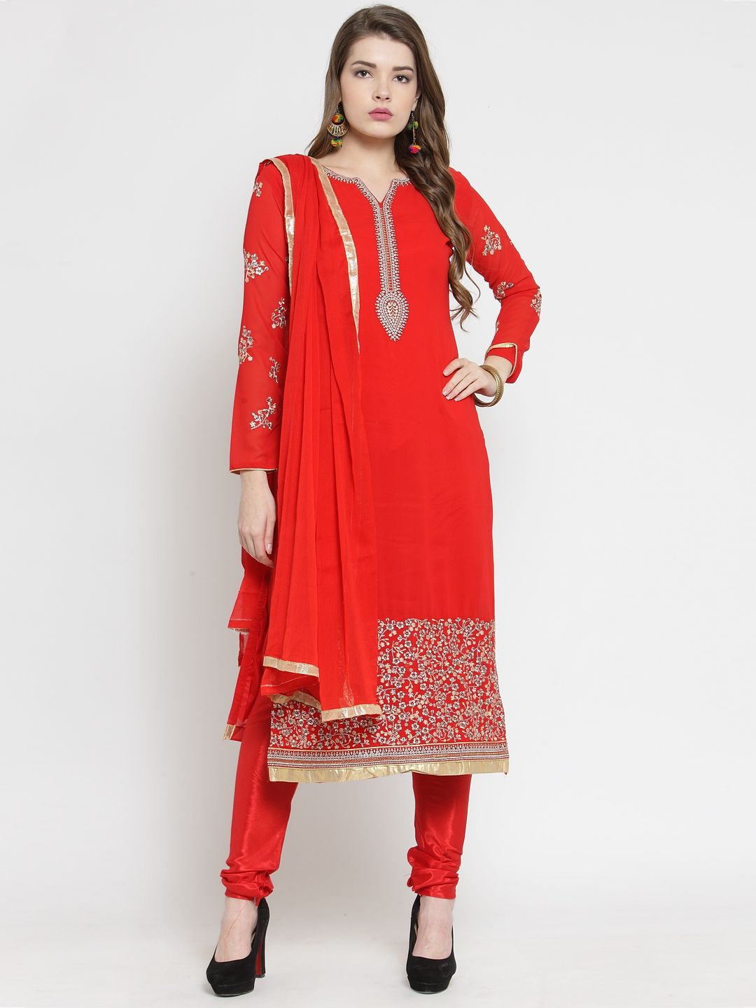 mf Red Poly Georgette Unstitched Dress Material Price in India