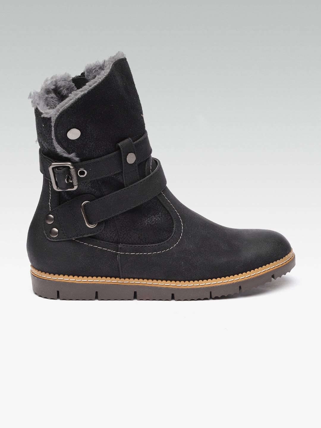 ELLE Women Black Solid High-Top Flat Boots Price in India