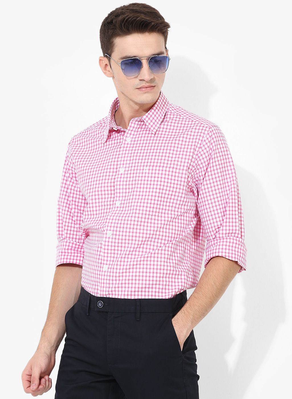 Indian Terrain Pink Checked Slim Fit Casual Shirt
