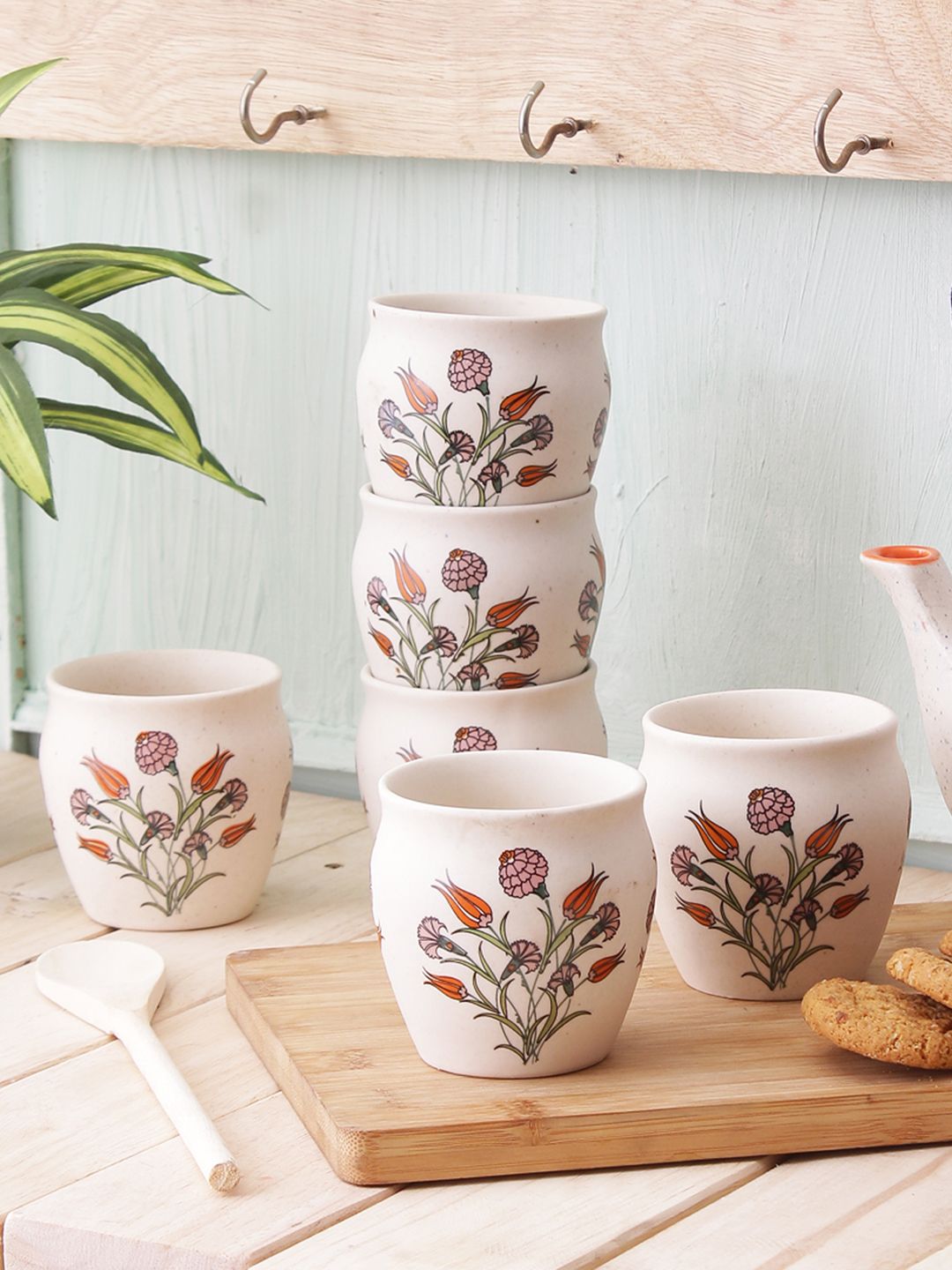 MIAH Decor Off-White Printed Set of 6 Ceramic Cups Price in India