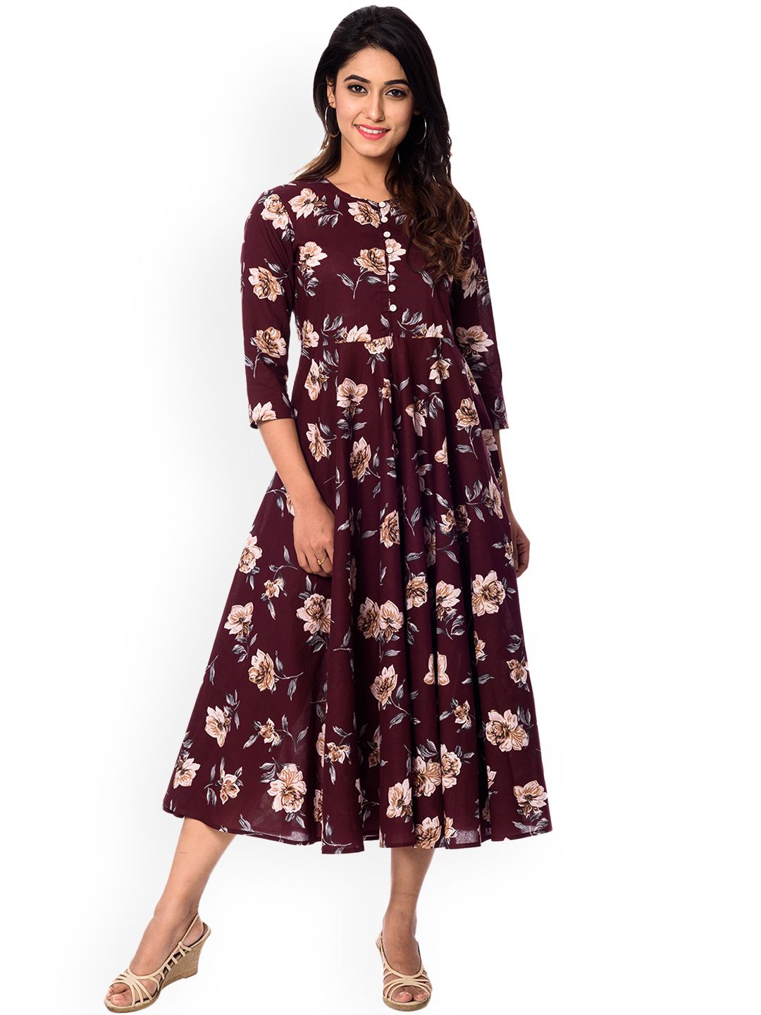 anayna Women Maroon Printed Fit and Flare Dress Price in India