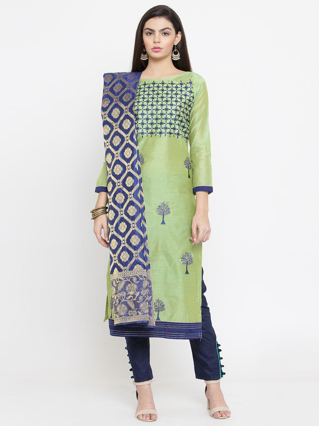 mf Lime Green & Navy Blue Embroidered Unstitched Dress Material Price in India