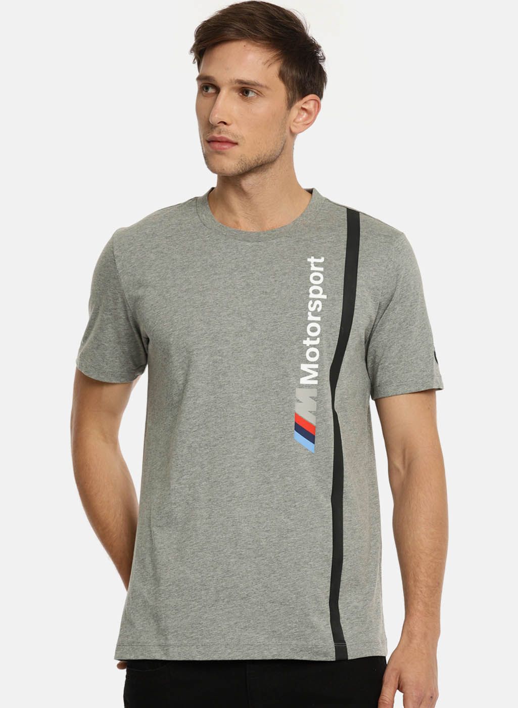 Puma Grey Melange Bmw Mms Logo Round Neck T-Shirt