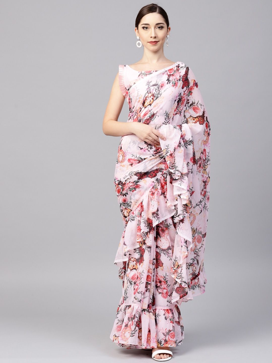 Inddus Pink Printed Ruffle Saree