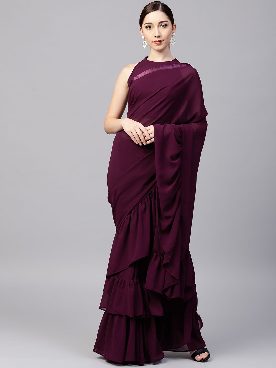 Inddus Burgundy Solid Ruffle Saree