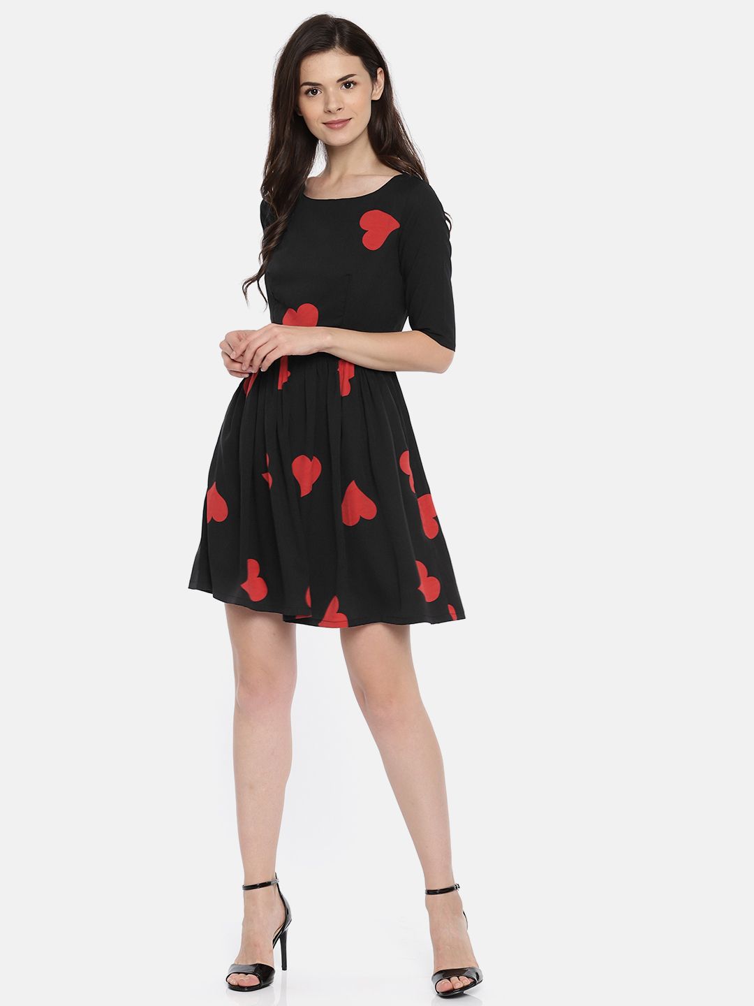 Buy ROVING MODE Women Black & Red Heart Print Fit and Flare Dress - Dresses  for Women 7080308 | Myntra