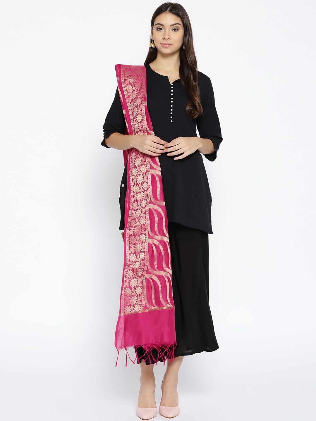 Banarasi Style Pink & Golden Woven Design Pure Cotton Dupatta Price in India