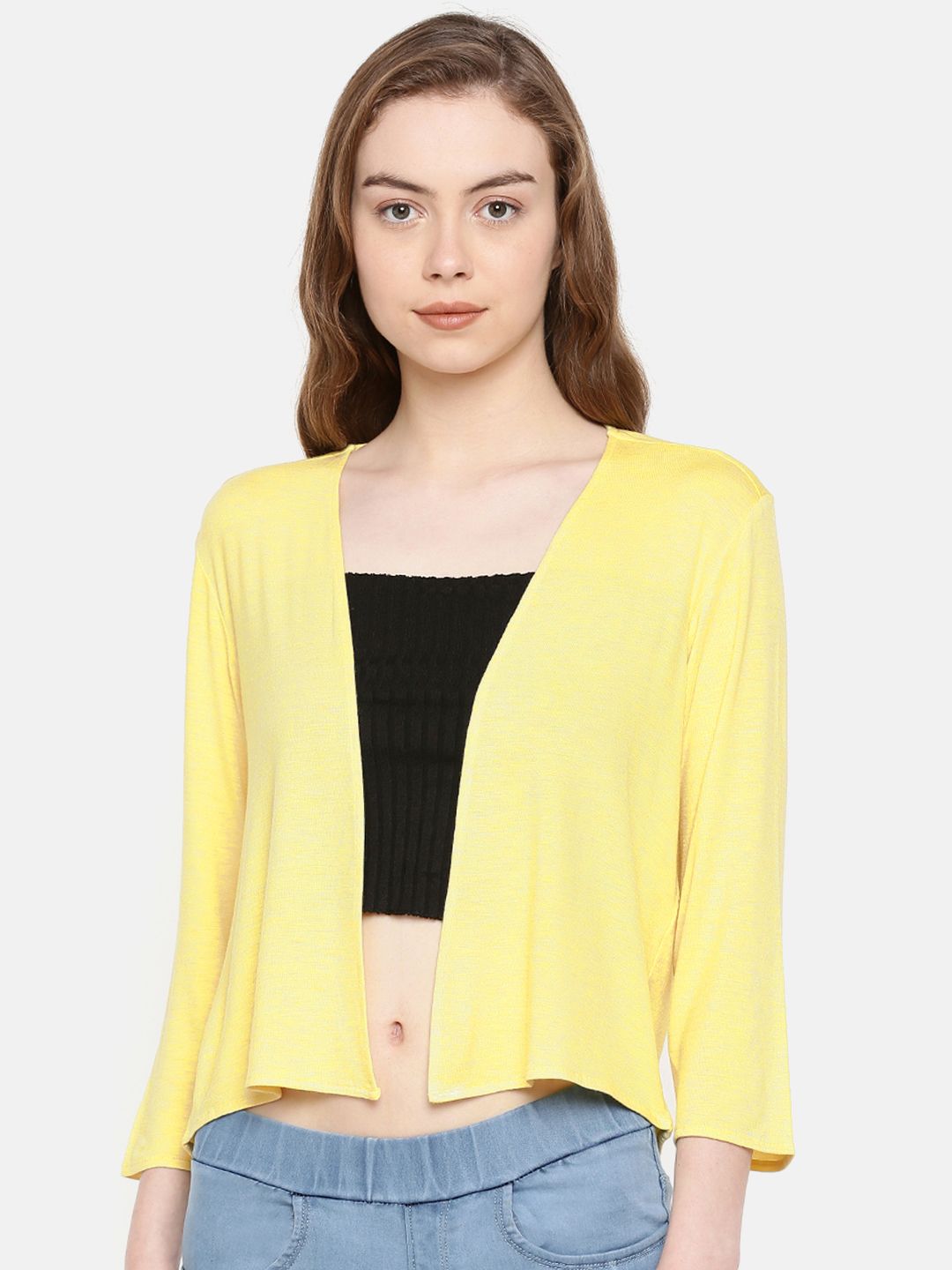 IDK Yellow Solid Open Front Crop Shrug Price in India