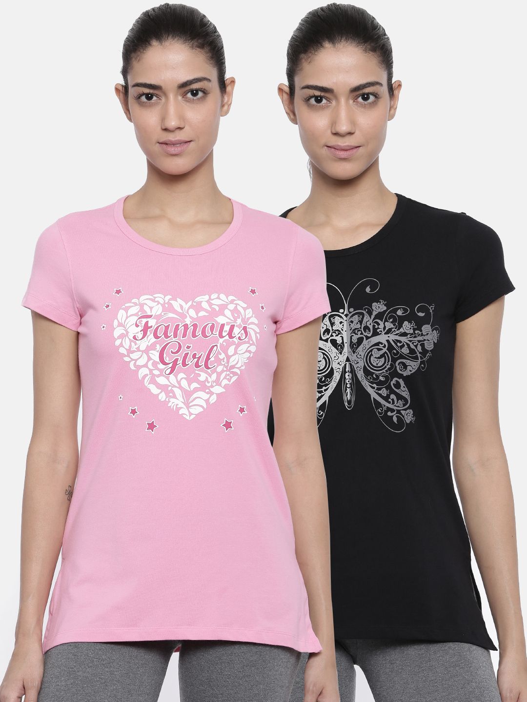 Bitz Women Pack of 2 Pink & Black Printed Round Neck Lounge T-shirts EBA031 Price in India