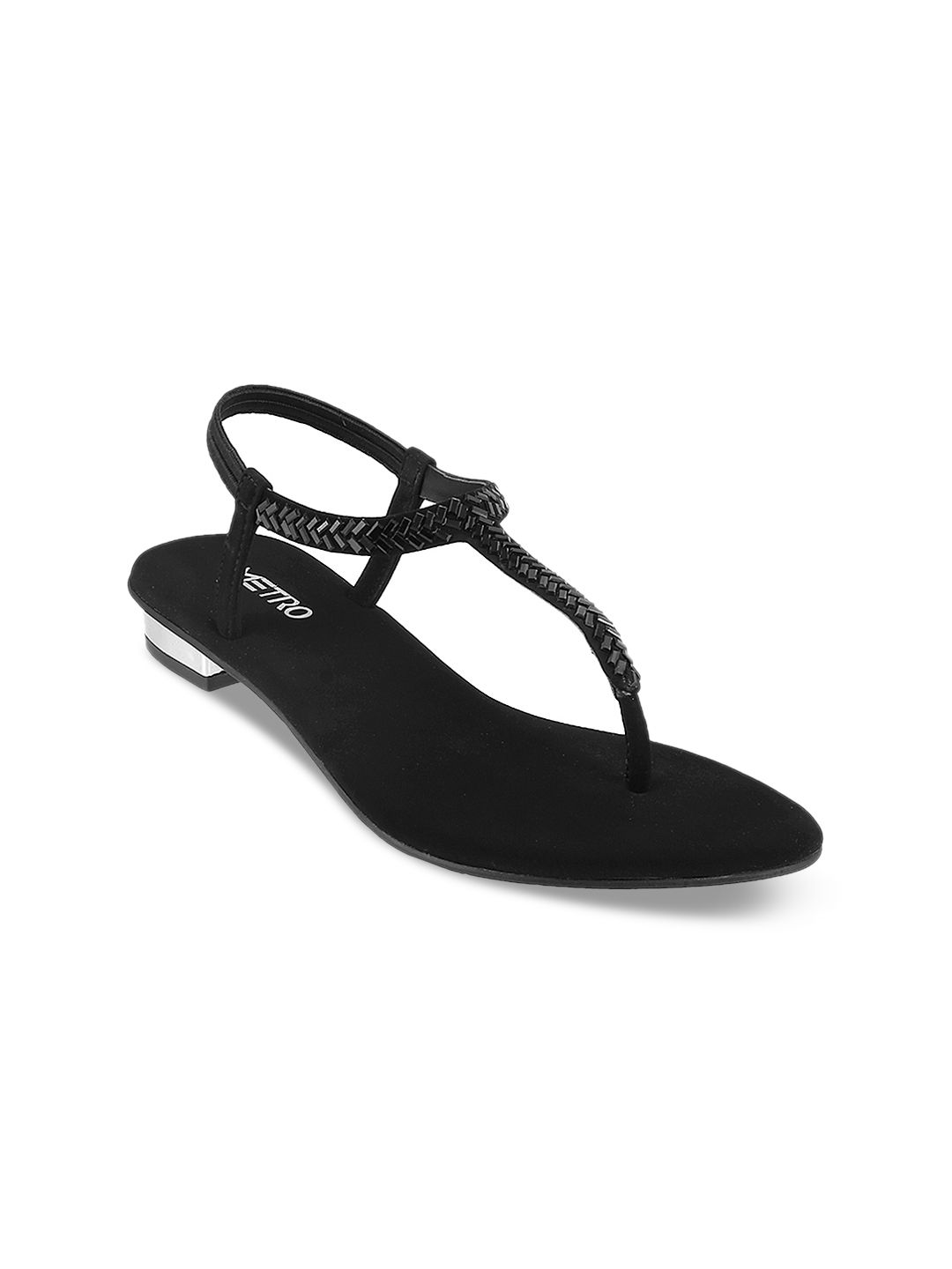 Metro Women Black Solid Synthetic T-Strap Flats Price in India