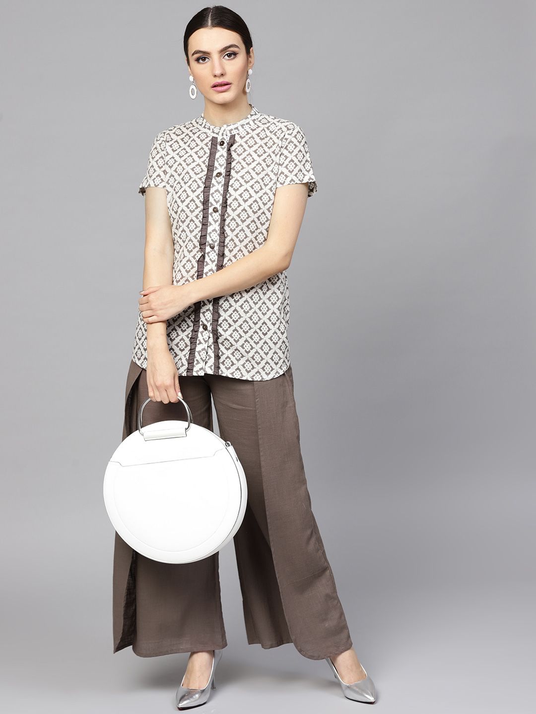 Yufta Women White & Grey Printed Tunic with Palazzos